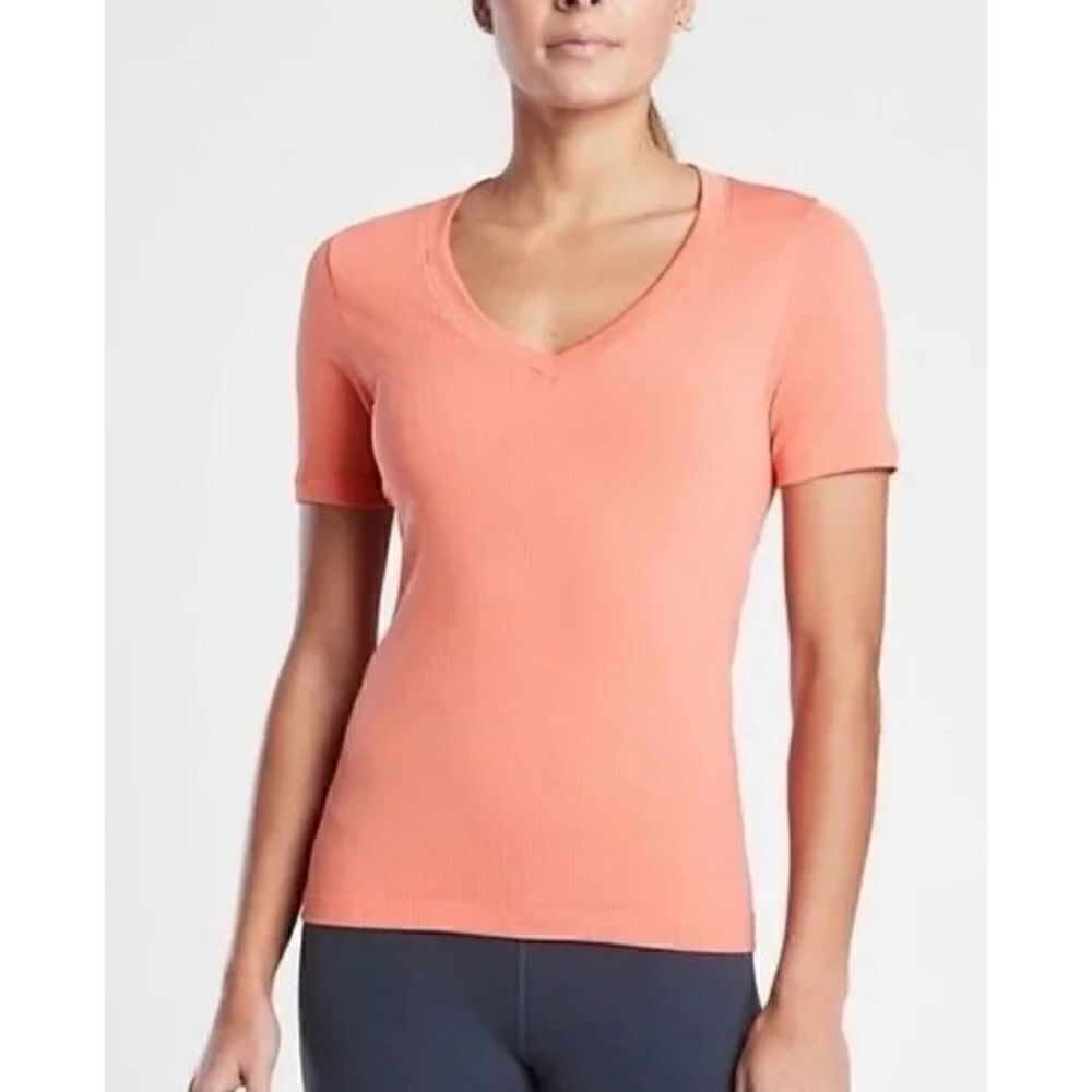 Athleta Renew V Neck Tee Top Size S 
Ribbed Island Coral Stretch 657707